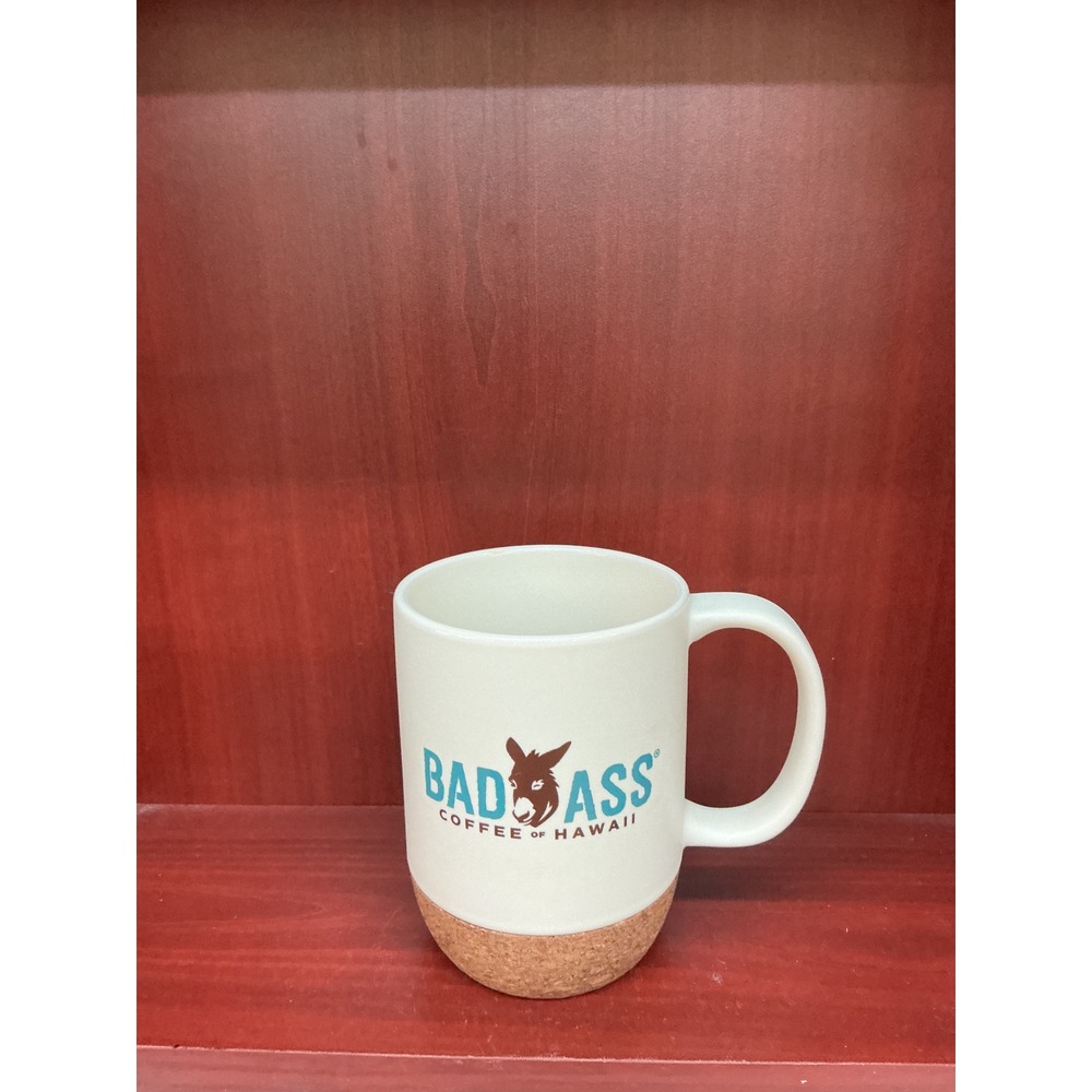 Bad Ass Coffee of Hawaii Ceramic Mug with Cork Bottom Cream Teal Logo 4.5in